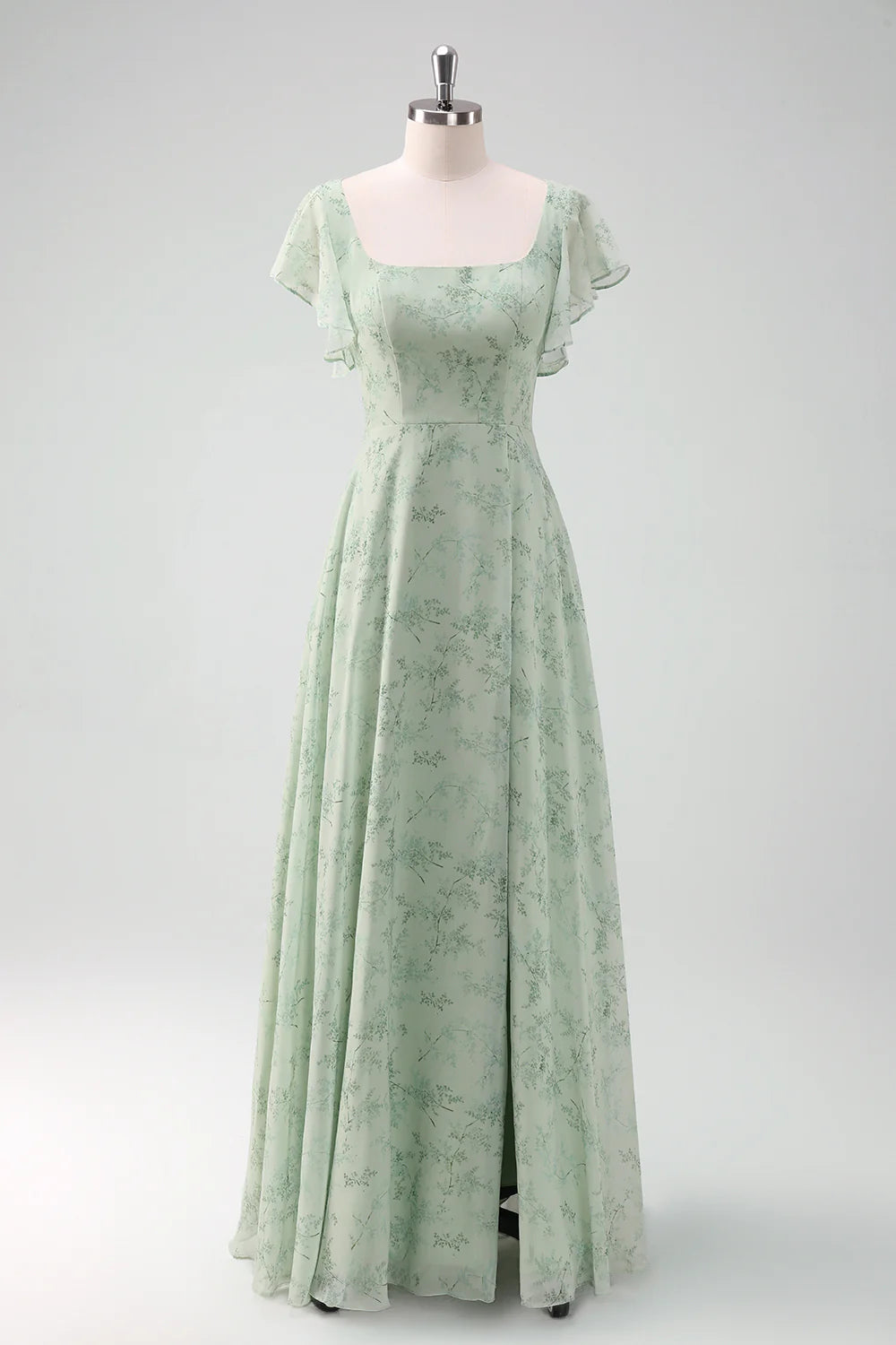 Dusty Sage A Line Square Neck Floor Length Print Bridesmaid Dress with Slit