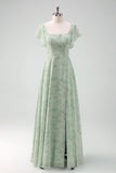 Dusty Sage A Line Square Neck Floor Length Print Bridesmaid Dress with Slit