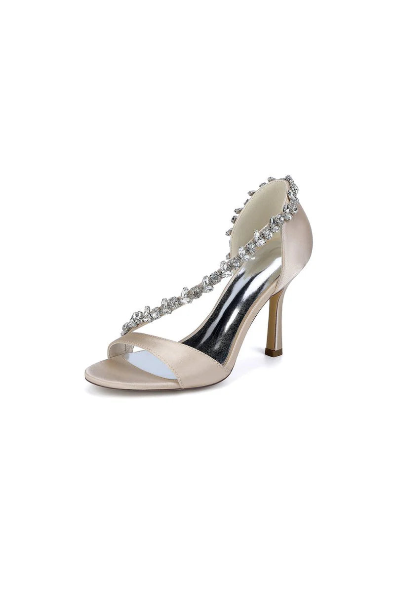 White Satin High Heels with Crystal and Chain Embellishments