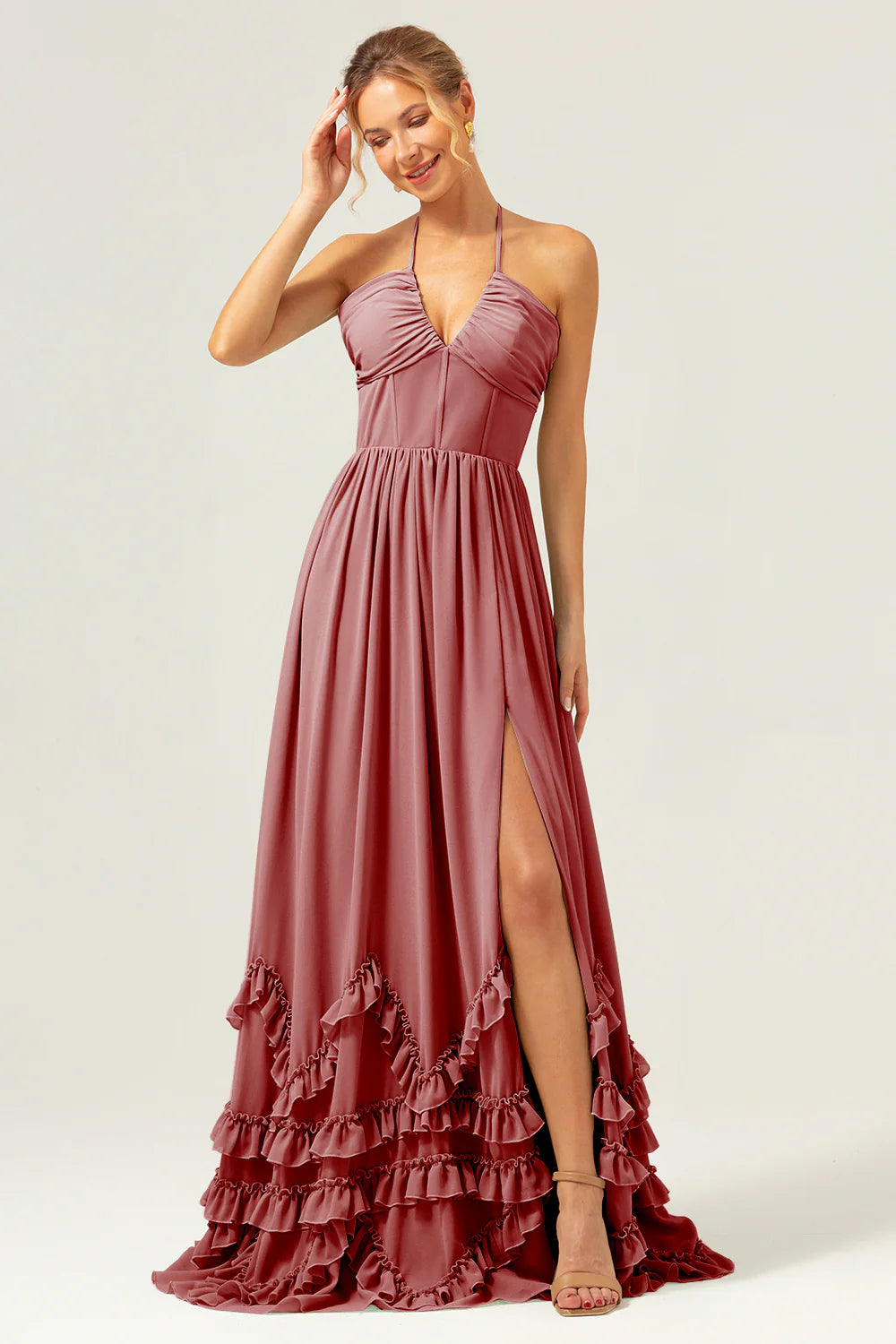 A Line Halter Lace Up Back Chiffon Long Bridesmaid Dress with Slit
