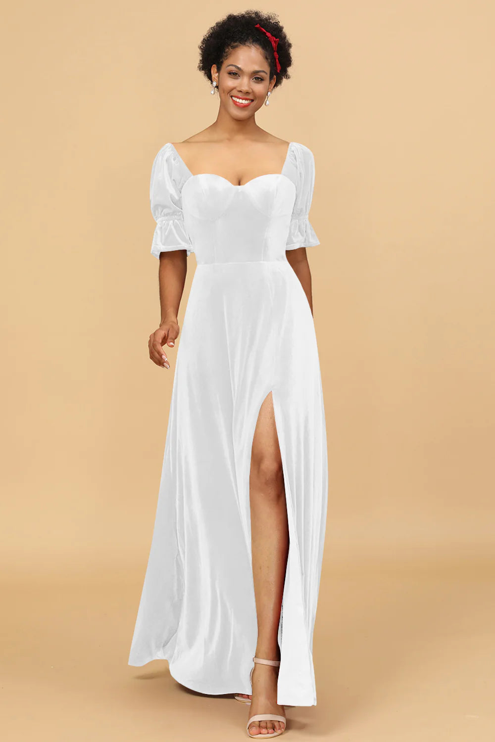 A Line Sweetheart Flare Sleeves Velvet Bridesmaid Dress with Slit
