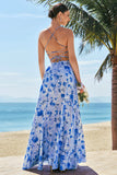 Blue A Line Spaghetti Straps Lace Up Back Long Print Floral Bridesmaid Dress with Slit