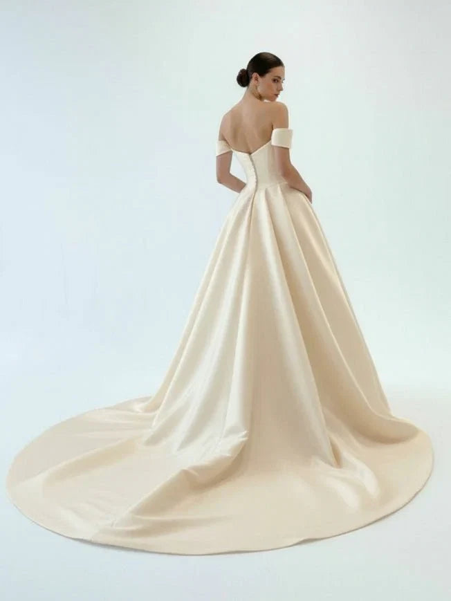 Elegant A Line Off the Shoulder White Satin Wedding Dresses