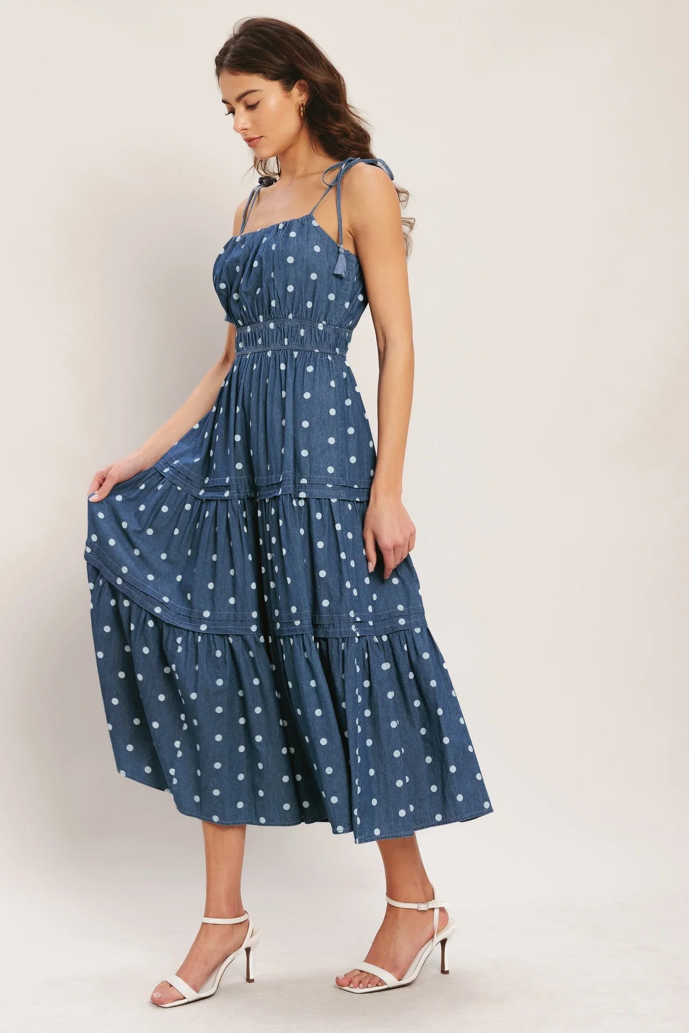 NAUTICAL POLKA DOT DENIM MIDI DRESS