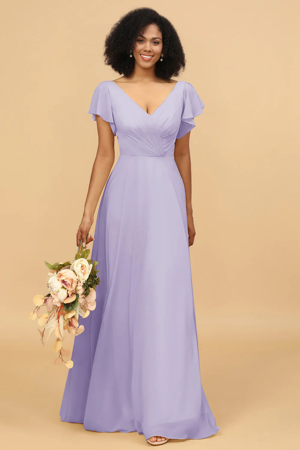 V Neck Cape Long Floor Length Chiffon Bridesmaid Dress