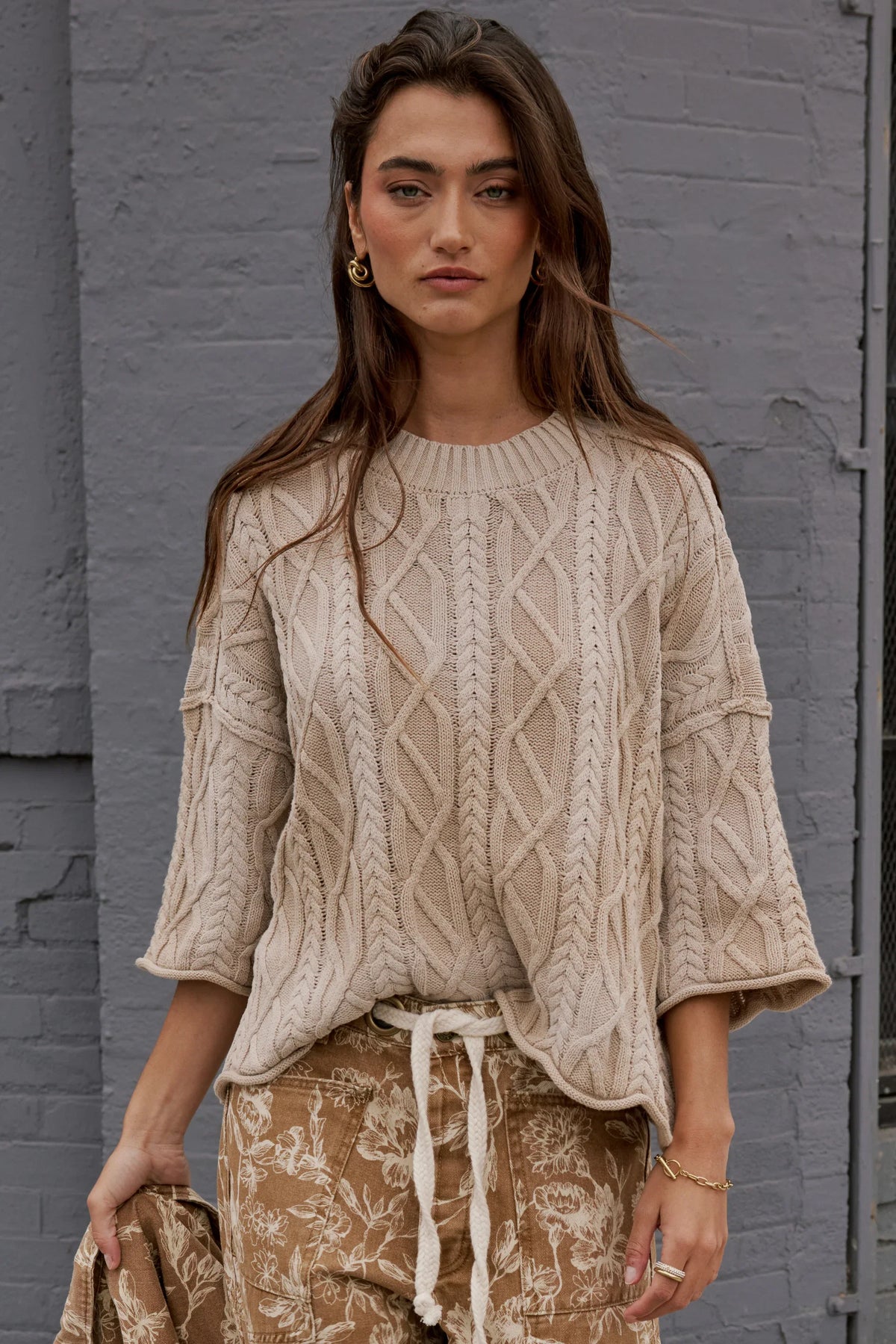 Raegan Cable Knit Sweater in Tan