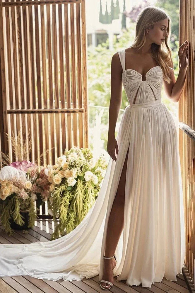 Bohemian A Line Long Chiffon Sweetheart Wedding Dresses