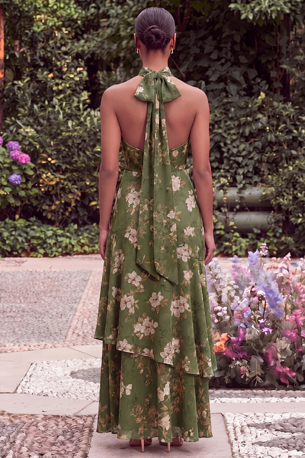 Sage Halter Keyhole Asymmetrical Floral Wedding Guest Dress