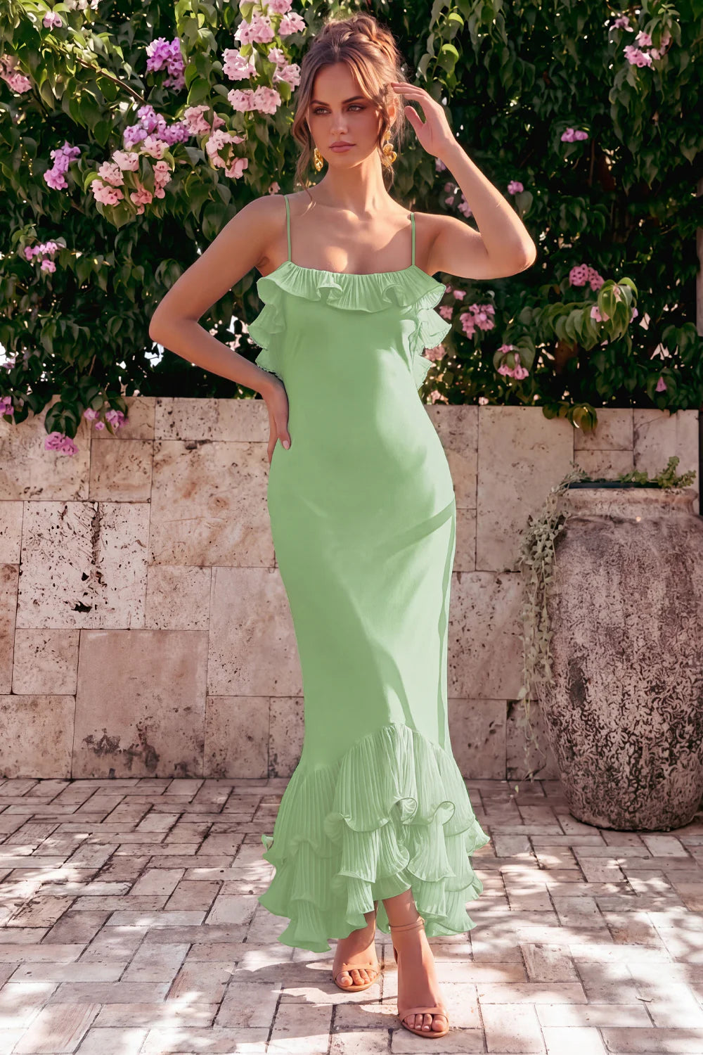 Light Blue Mermaid Ruffled Wedding Guest Dress