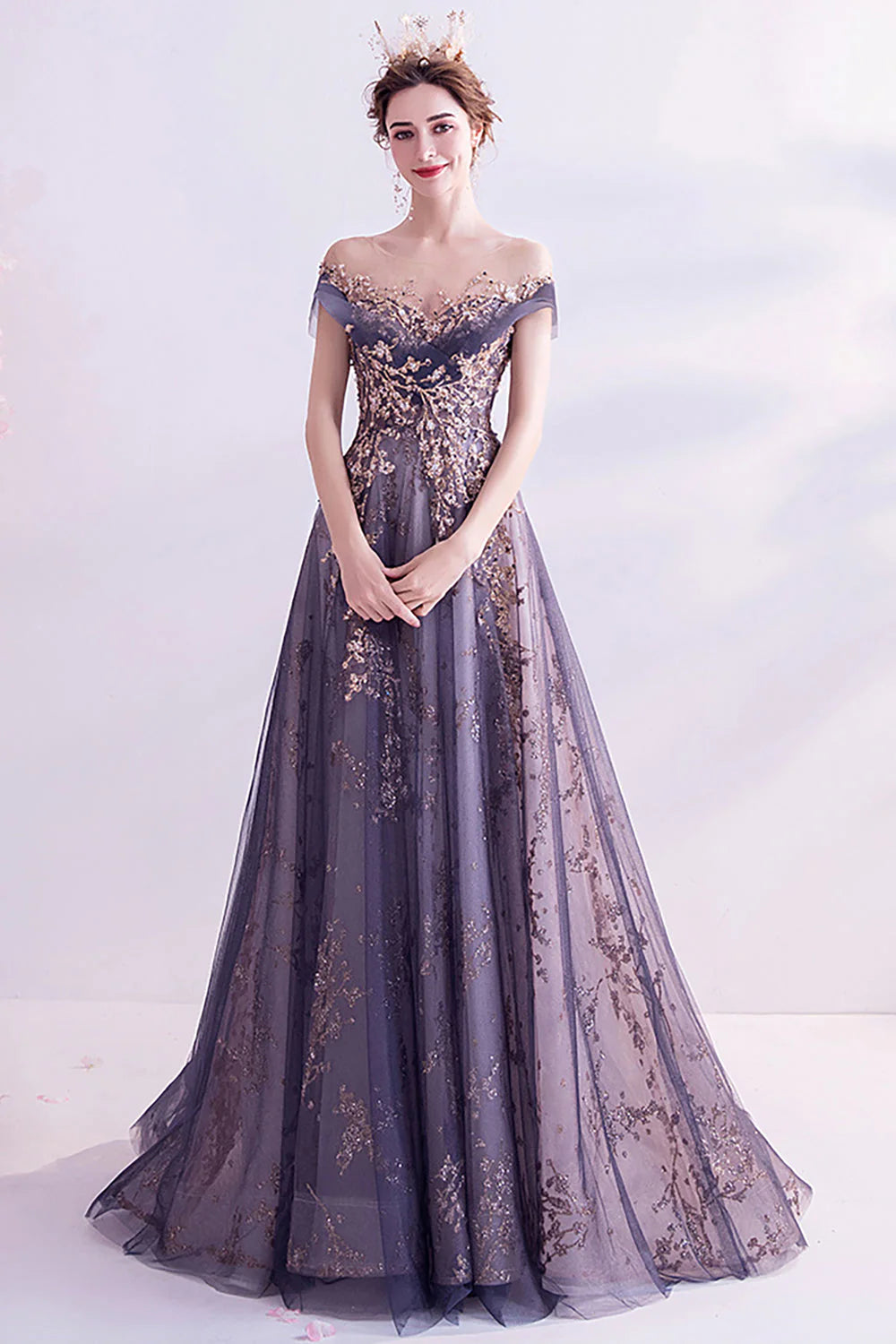 Sparkly Purple A Line Tulle Long Prom Dress