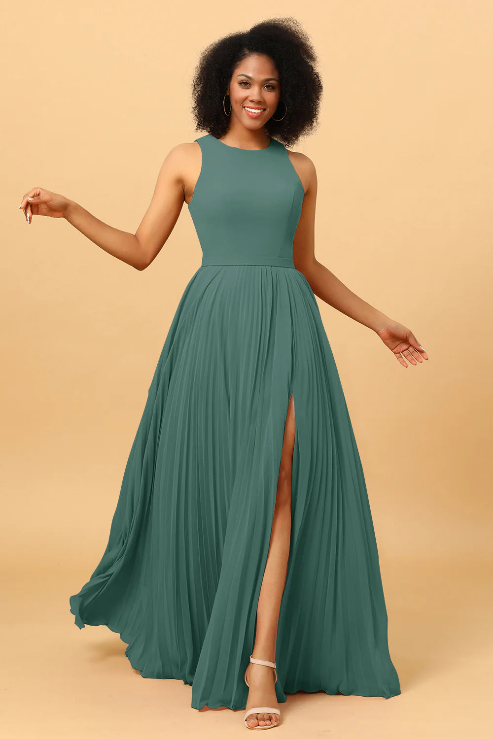 A Line Pleated Long Chiffon Bridesmaid Dress with Ruffles