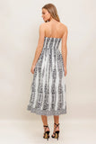 SUMMER SILHOUETTE STRAPLESS BLACK WHITE MIDI DRESS