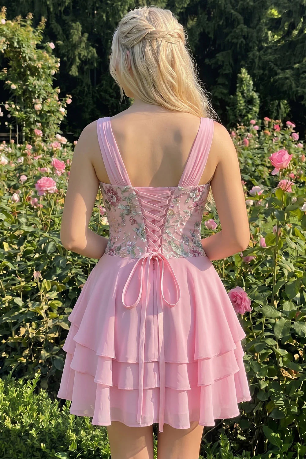 Pink Floral Appliqued V Neck Tiered A Line Homecoming Dress