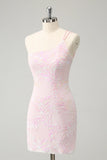 Sparkly Pink Bodycon One Shoulder Short Homecoming Dress with Sequins