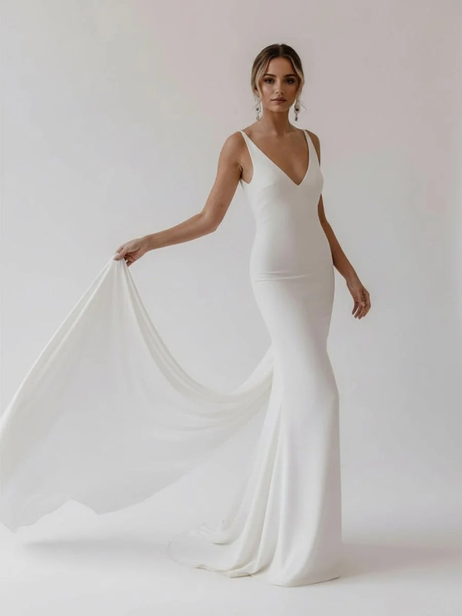 Mermaid Deep V Neck Backless White Wedding Dress