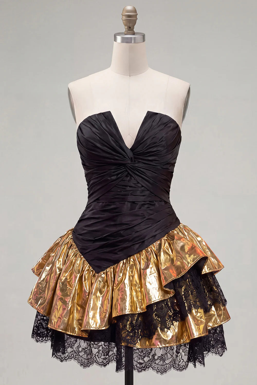 Strapless Black Golden Ruched A Line Homecoming Dress with Lace