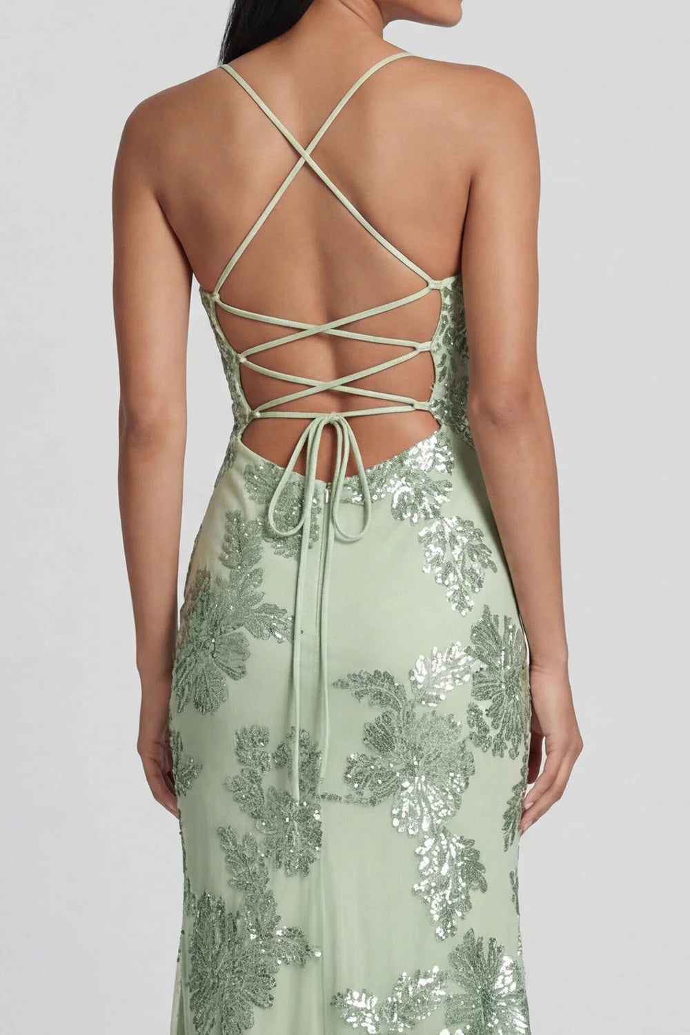 Sage Green Mermaid Floral Wedding Guest Dress with Lace up Back
