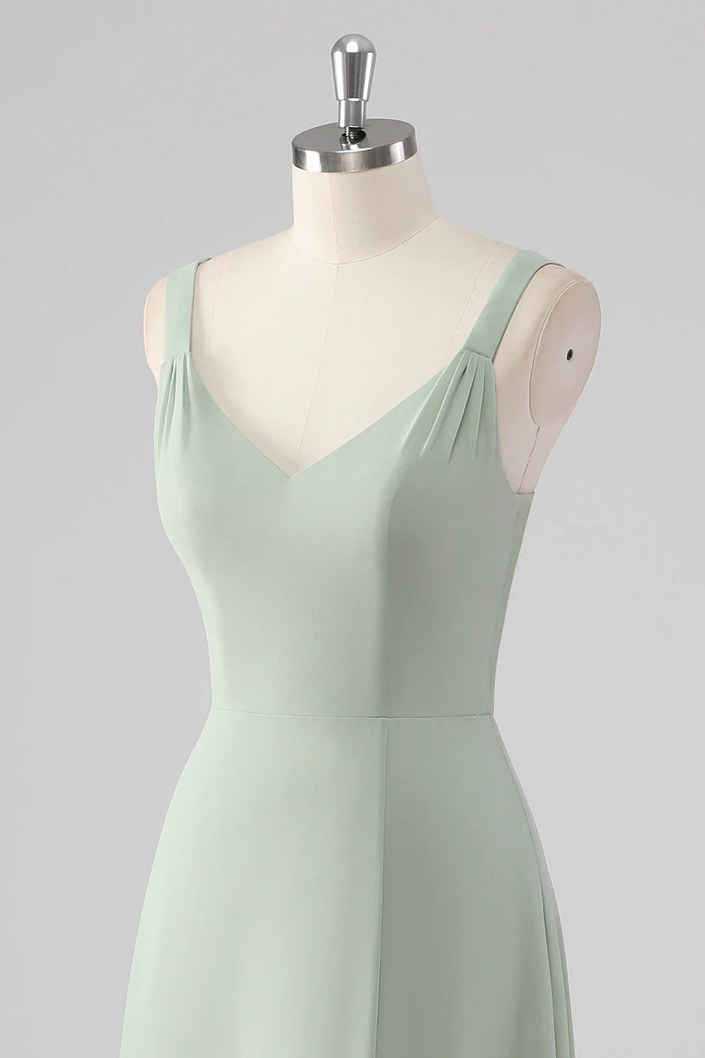 Sage Green Chiffon V Neck A Line Long Bridesmaid Dress with Slit
