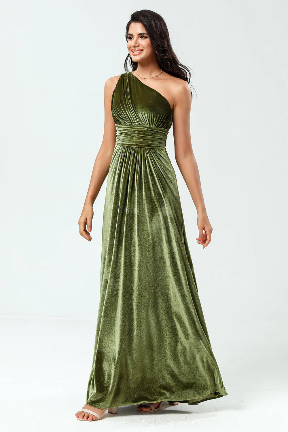 A Line One Shoulder Ruched Velvet Floor Length Dress