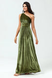 A Line One Shoulder Ruched Velvet Floor Length Dress