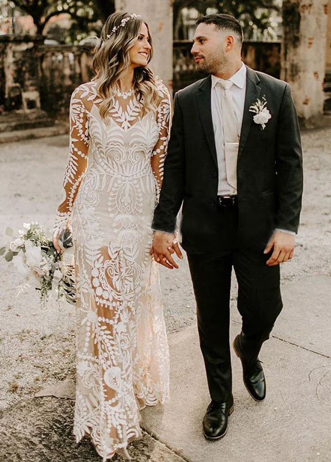Lace Appliques Long Sleeves Mermaid Long Wedding Dresses