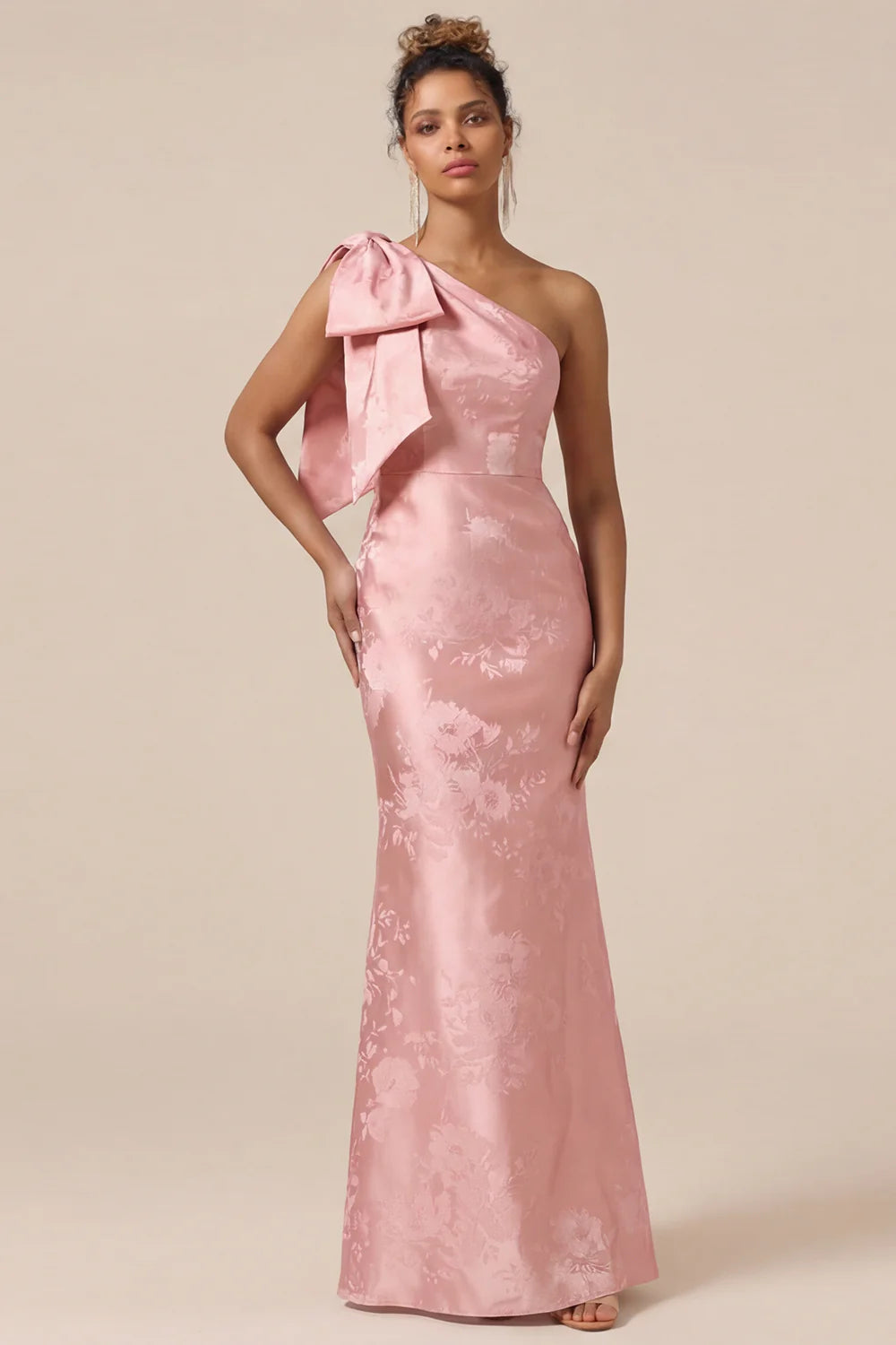 Blush Pink Mermaid One Shoulder Floral Long Bridesmaid Dress with Bow