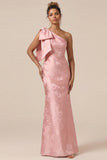 Blush Pink Mermaid One Shoulder Floral Long Bridesmaid Dress with Bow