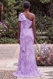 One Shoulder Mermaid Lilac Floral Embroidery Cut Out Maxi Dress with Bow