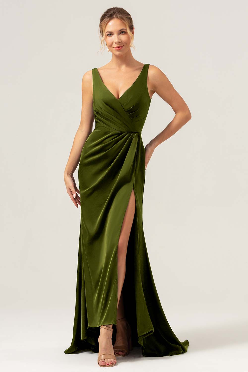 Burgundy Mermaid V Neck Ruched High Low Long Satin Bridesmaid Dress with Slit