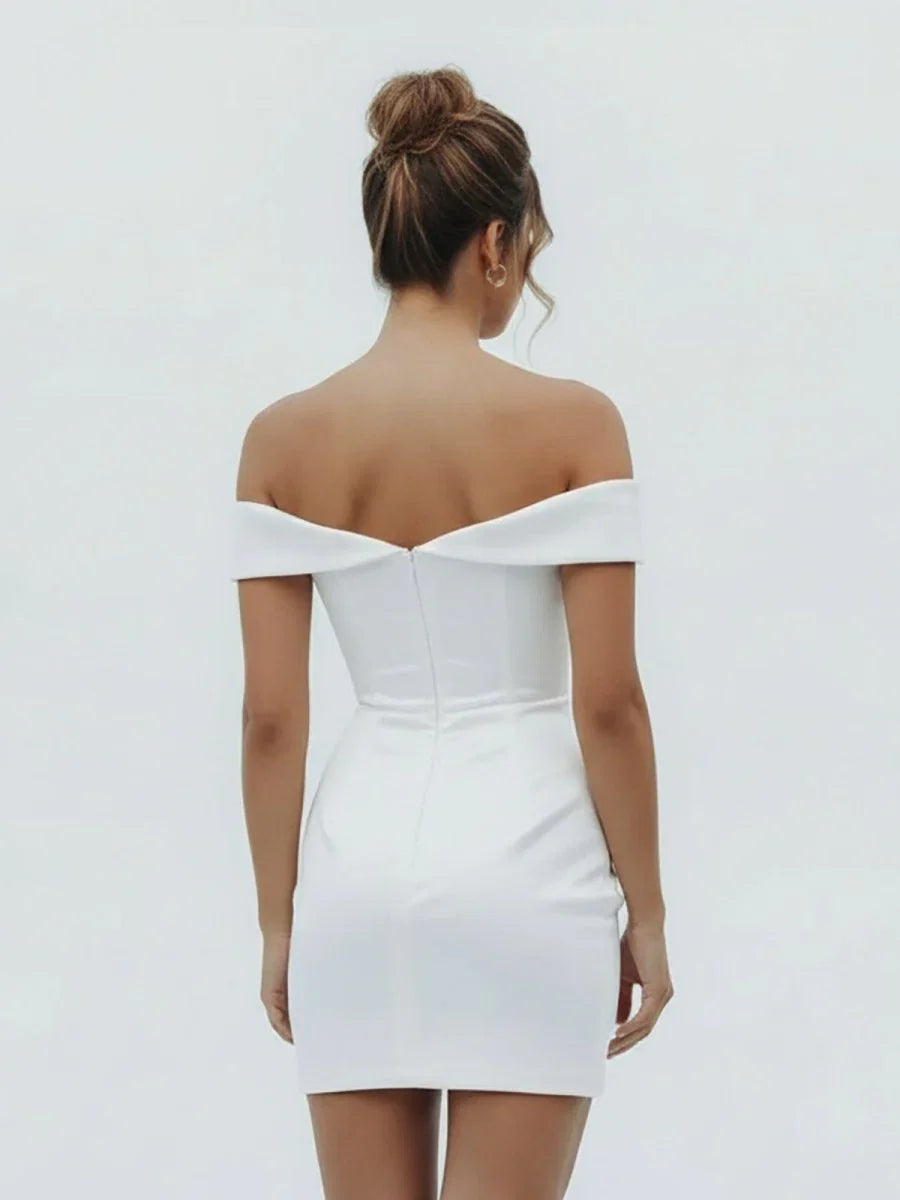 Sheath Off the Shoulder Satin Simple Wedding Dress Sleeveless Short Hemline