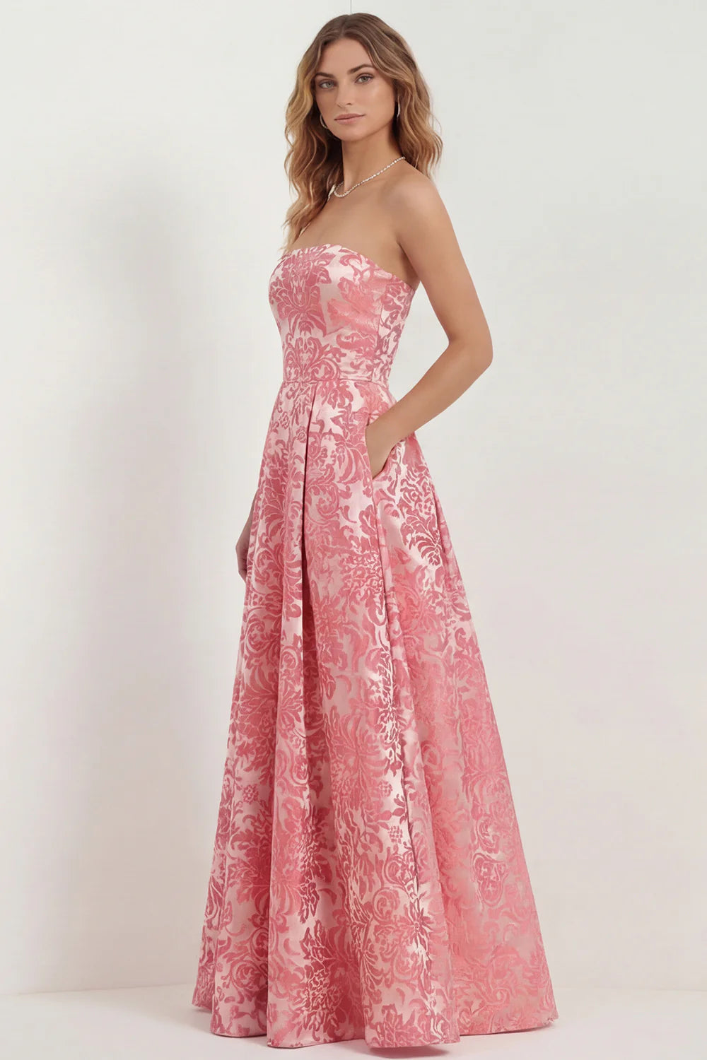 Hot Pink Strapless A Line Jacquard Long Bridesmaid Dress with Pockets