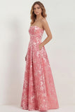 Hot Pink Strapless A Line Jacquard Long Bridesmaid Dress with Pockets