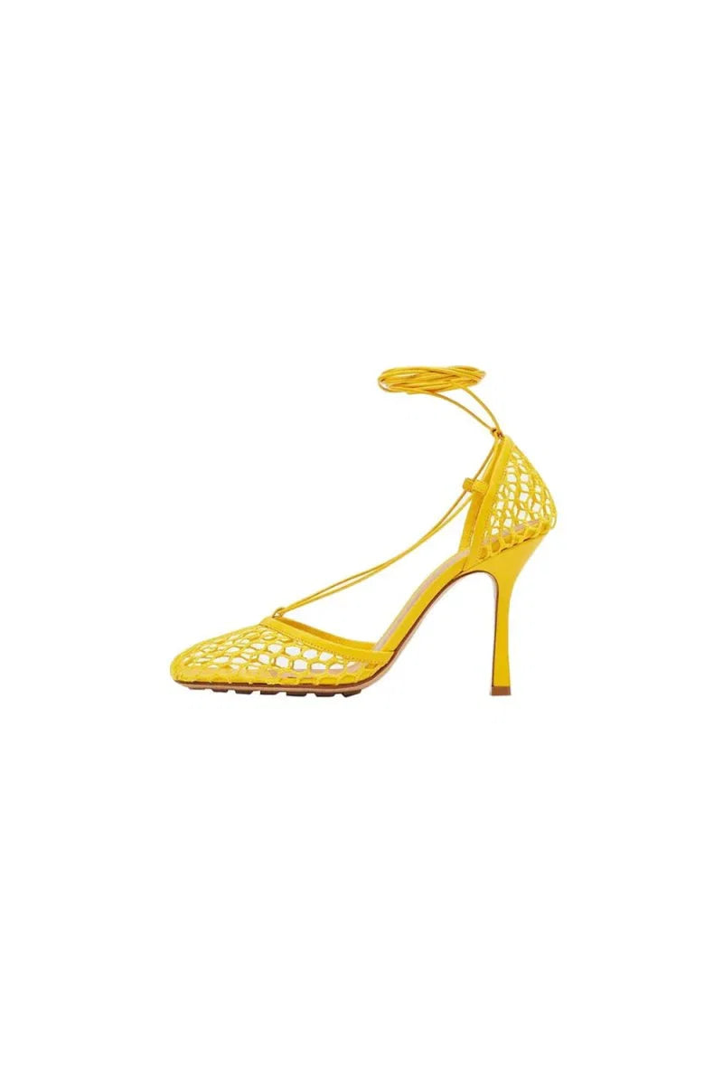 Yellow Stiletto Heel Lace Up Fishnet High Heel Sandals