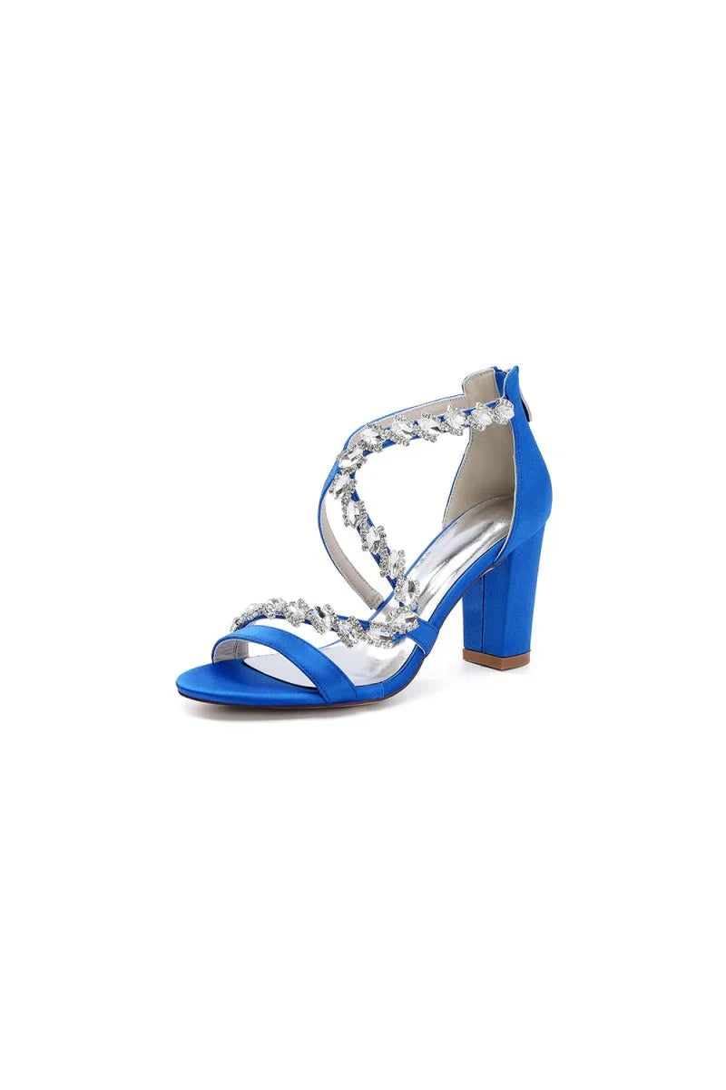 Open Toe Satin Block Heels With Crystal Straps