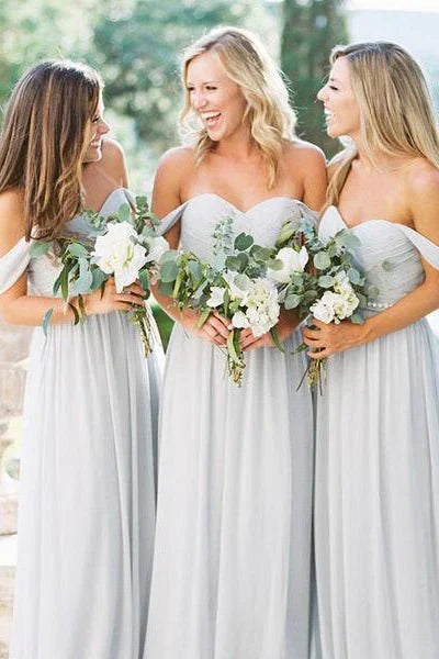 Off the Shoulder A line Light Grey Chiffon Long Bridesmaid Dress