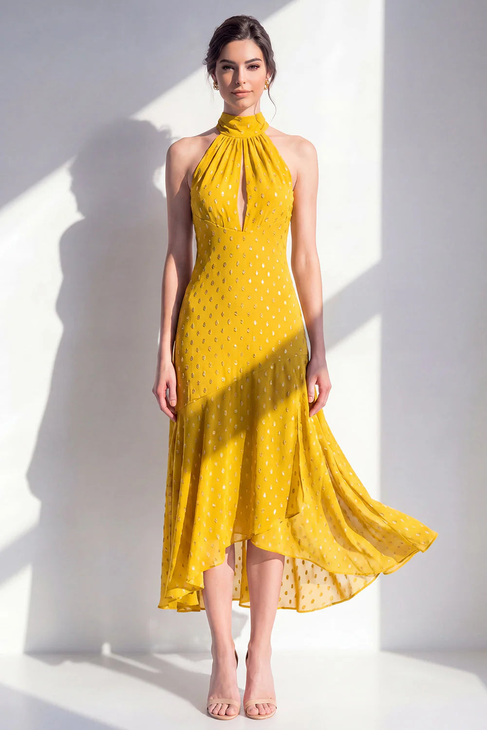 Halter A Line Olive Midi Wedding Guest Dress