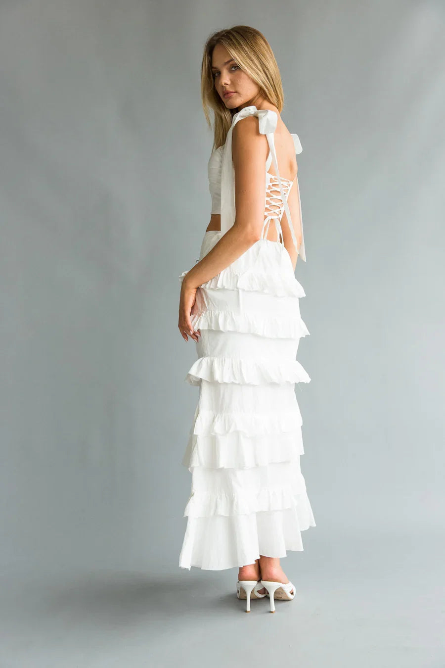 Dawn Bow Strap Bustier Top Tiered Ruffle Skirt Set