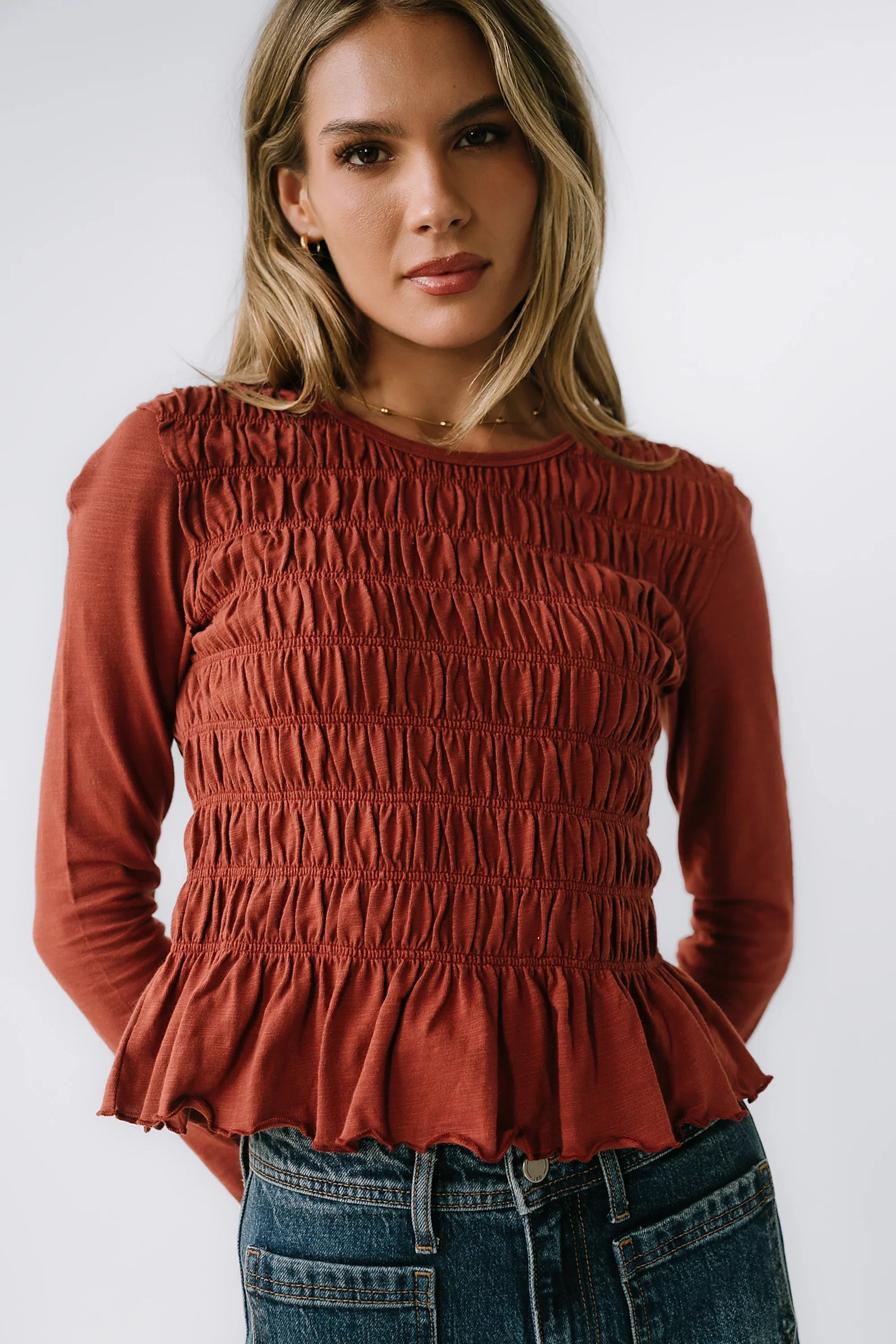 Harry Smocked Top in Brick FINAL SALE