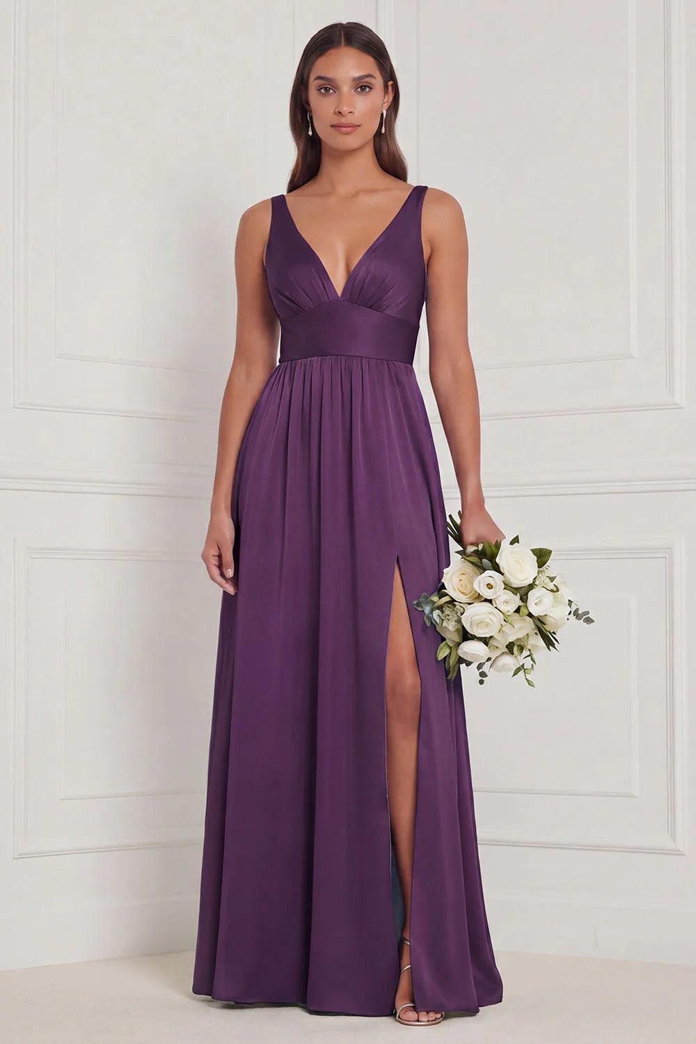 Dusty Blue A Line V Neck Bridesmaid Dress with Slit