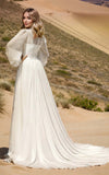 Modest Long Sleeve Casual Rustic A Line Bateau Neck Wedding Dress Gowns with Train