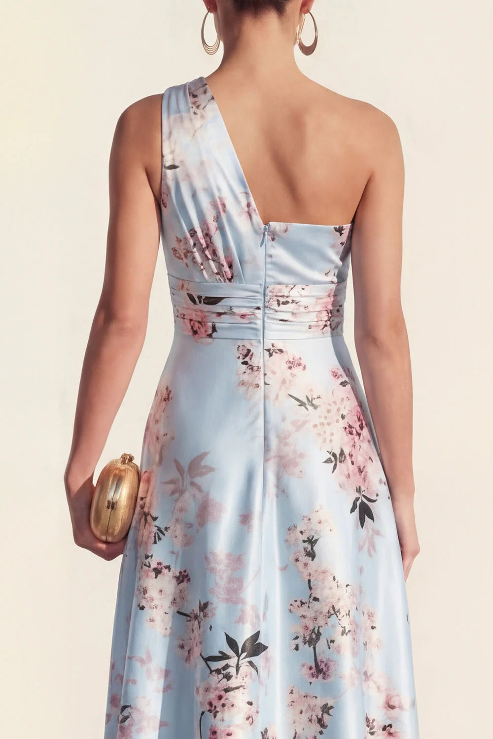 One Shoulder Ruched A Line Pink Printed Wedding Guest Dress