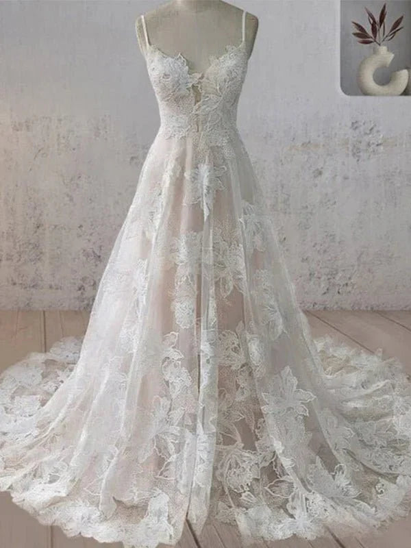 Boho White A Line Lace Appliques Wedding Dress