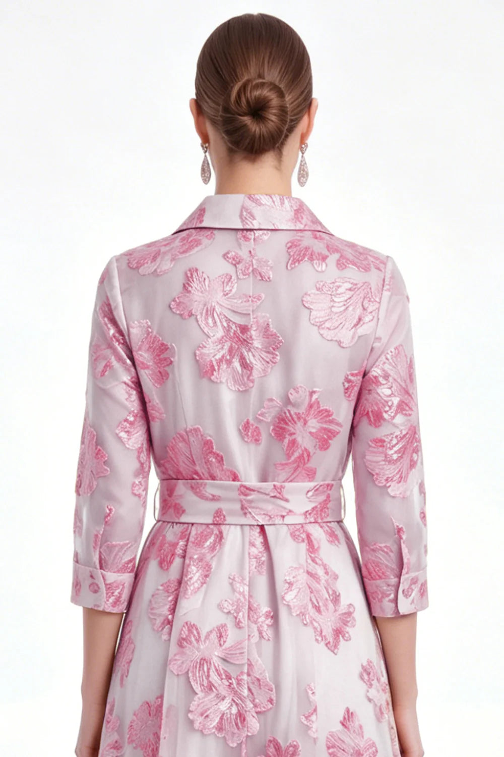 Gold Floral Jacquard A Line Collar Mother of the Bride Dress with 3 4 Sleeves
