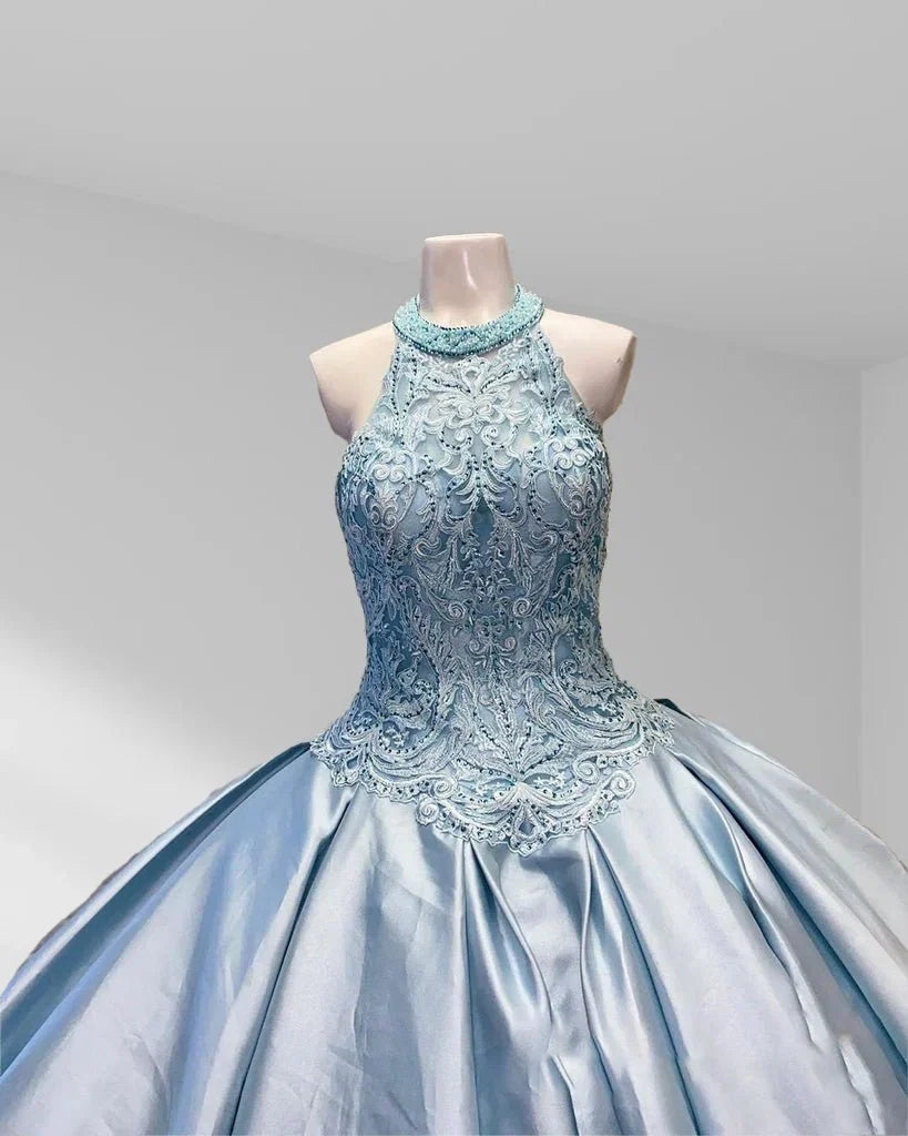 Halter Beaded Sky Blue Satin Ball Gown Quinceañera Dress