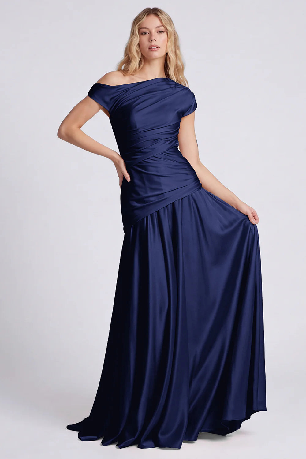 Off the Shoulder Champagne Ruched Satin Formal Dress