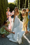 Sheath Bateau Neck Satin Ankle Length Bridesmaid Dresses with Slit