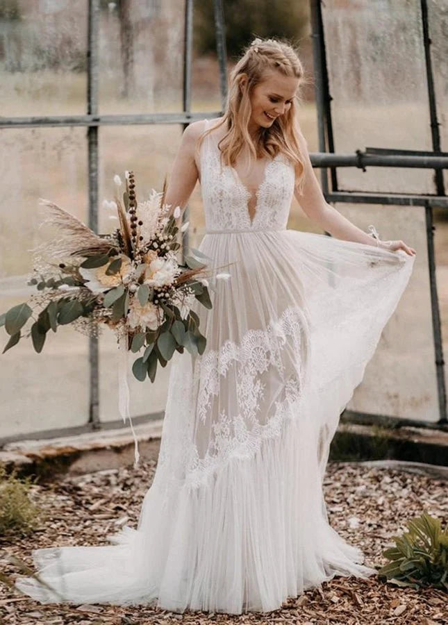 Bohemian Wedding Dresses V Neck Backless Romantic Dreamy Bridal Gowns