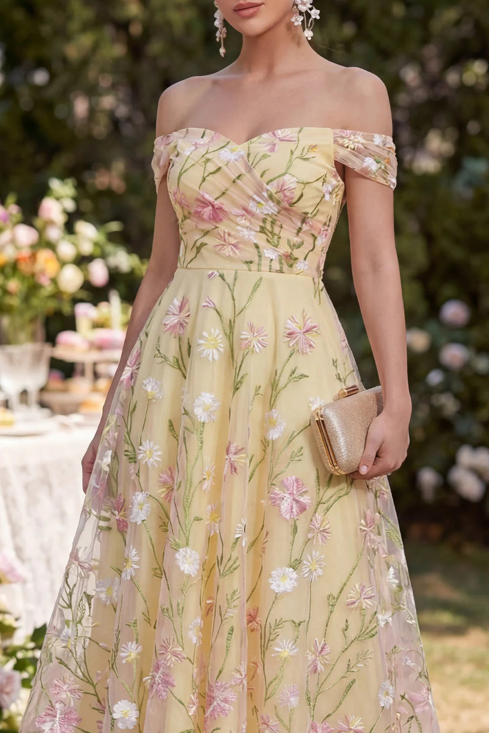 Floral Light Yellow Off the Shoulder Long Wedding Guest Dress
