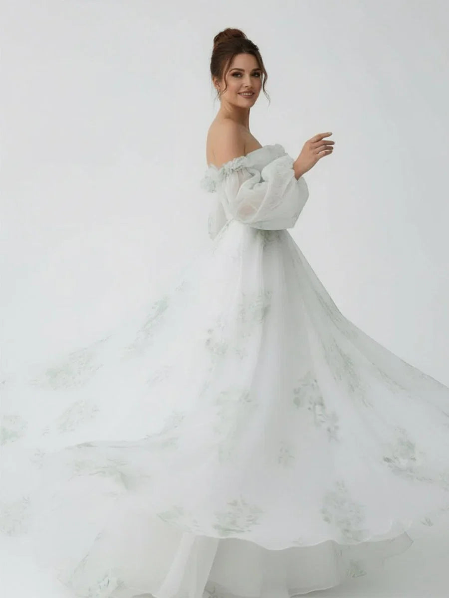 A Line Floral Appliqued Majesty Bridal Wedding Dress with Ruffles
