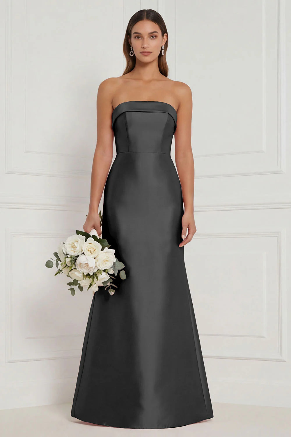 Strapless Mermaid Dusty Rose Satin Long Bridesmaid Dress